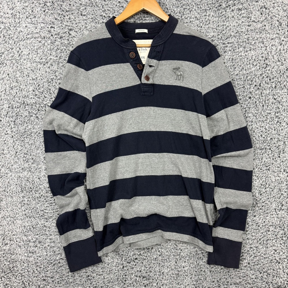 Abercrombie & Fitch Shirt Mens 2XL Blue Gray Striped Henley Rugby Muscle Tee Y2K